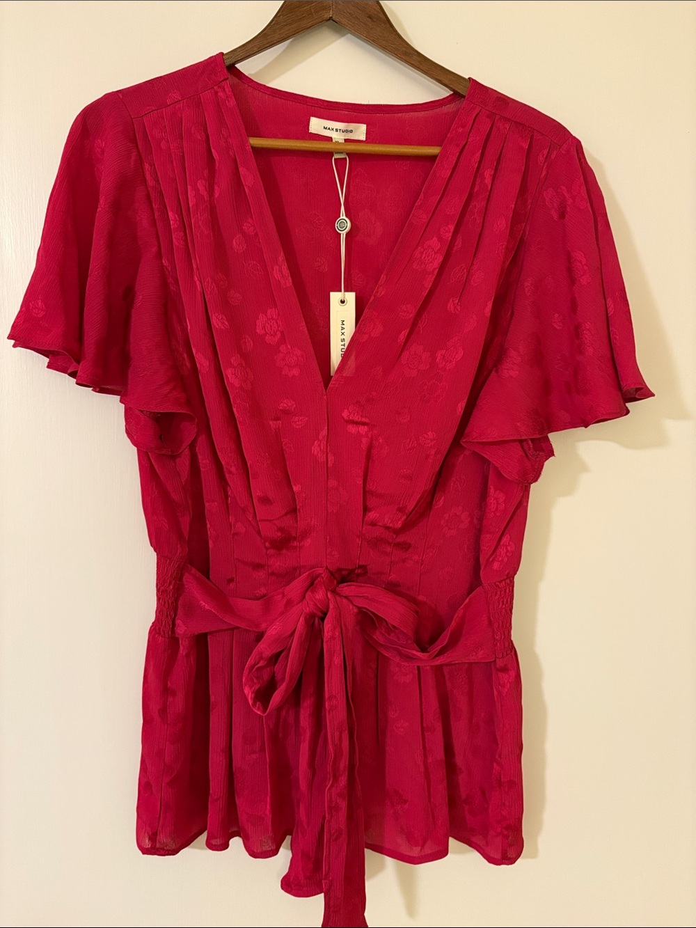 Max Studio Fuchsia V-Neck Tie-Waist Flutter Sleeve Peplum Blouse